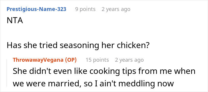 Reddit conversation about son choosing dad’s rabbit food and mom’s nutritious chicken, highlighting veggie love debate. Reddit conversation about son choosing dad’s rabbit food and mom’s nutritious chicken, highlighting veggie love debate.