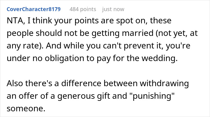 Comment discussing wedding drama over groom failing loyalty test and parent refusing to fund the wedding event. Comment discussing wedding drama over groom failing loyalty test and parent refusing to fund the wedding event.