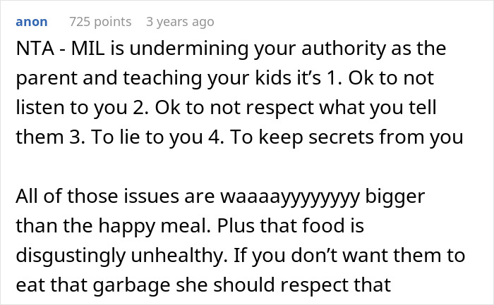 Screenshot of a comment criticizing MIL for undermining parental authority and feeding kids unhealthy fast food. Screenshot of a comment criticizing MIL for undermining parental authority and feeding kids unhealthy fast food.