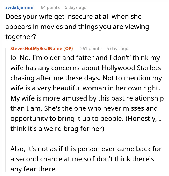 Reddit user shares honest experience dating a famous actress, addressing insecurities and past relationship perceptions online.