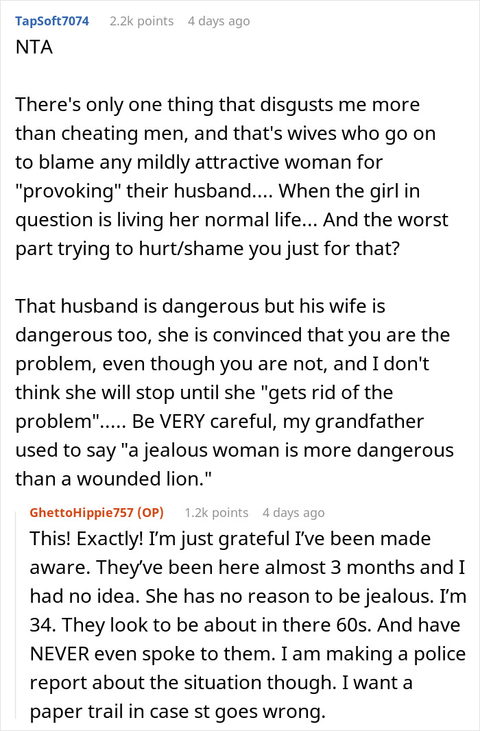 Comments discussing a neighbor complaint about a woman’s outfit and her husband’s inappropriate staring behavior. Comments discussing a neighbor complaint about a woman’s outfit and her husband’s inappropriate staring behavior.