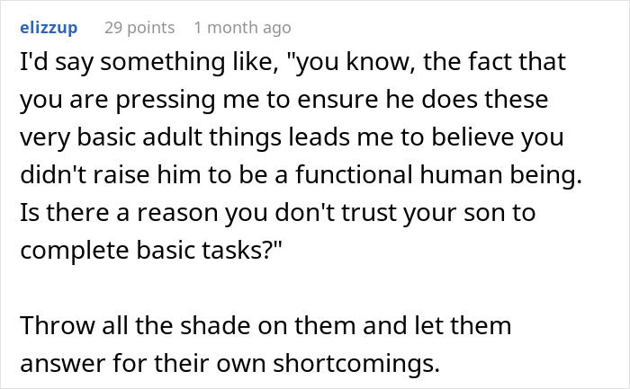 Text post discussing helicopter parents treating 29YO son’s girlfriend like nanny and daily planner, with advice to confront them. Text post discussing helicopter parents treating 29YO son’s girlfriend like nanny and daily planner, with advice to confront them.