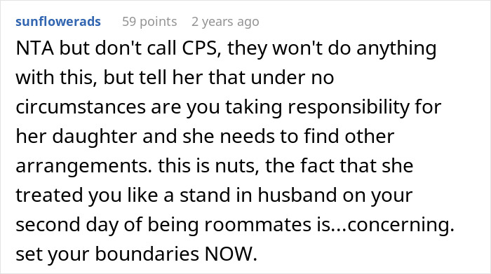 Reddit comment warning against taking responsibility for child abandoned by woman with stranger roommate after work emergency. Reddit comment warning against taking responsibility for child abandoned by woman with stranger roommate after work emergency.