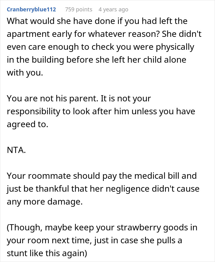 Reddit comment explaining why refusing to pay medical bills for roommate's son after allergic reaction is justified. Reddit comment explaining why refusing to pay medical bills for roommate's son after allergic reaction is justified.