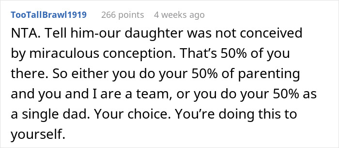 Screenshot of online comment discussing parenting responsibilities and refusal to help with child care. Screenshot of online comment discussing parenting responsibilities and refusal to help with child care.