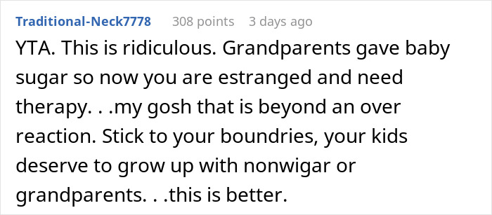 Comment discussing keeping son away from grandmother after fed custard, calling it an overreaction. Comment discussing keeping son away from grandmother after fed custard, calling it an overreaction.