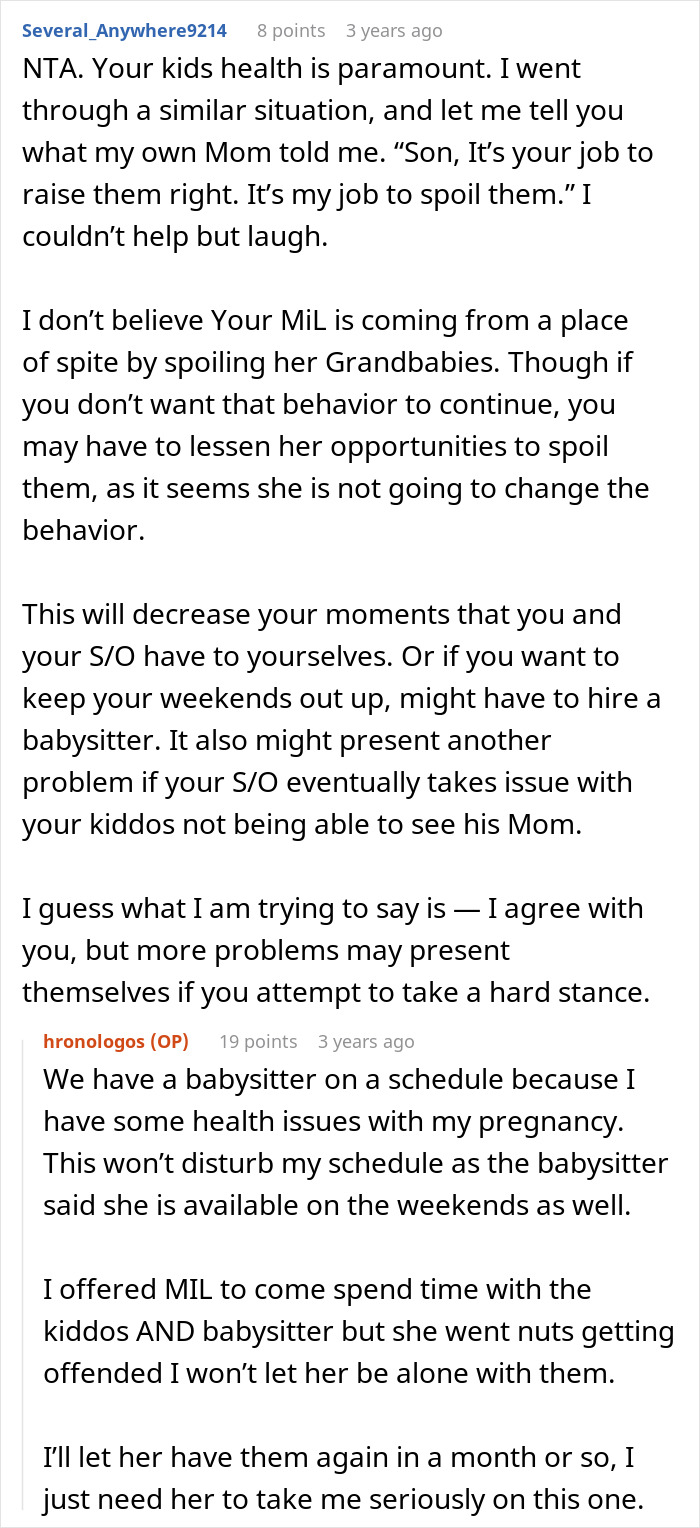Screenshot of a Reddit discussion about a mom refusing to leave kids with MIL due to concerns over fast food feeding. Screenshot of a Reddit discussion about a mom refusing to leave kids with MIL due to concerns over fast food feeding.
