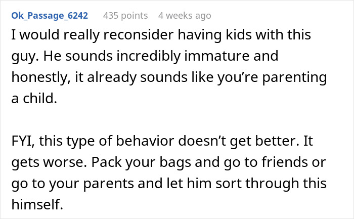 Screenshot of an online comment discussing a woman surprising her husband with a pregnancy test and his immature reaction. Screenshot of an online comment discussing a woman surprising her husband with a pregnancy test and his immature reaction.