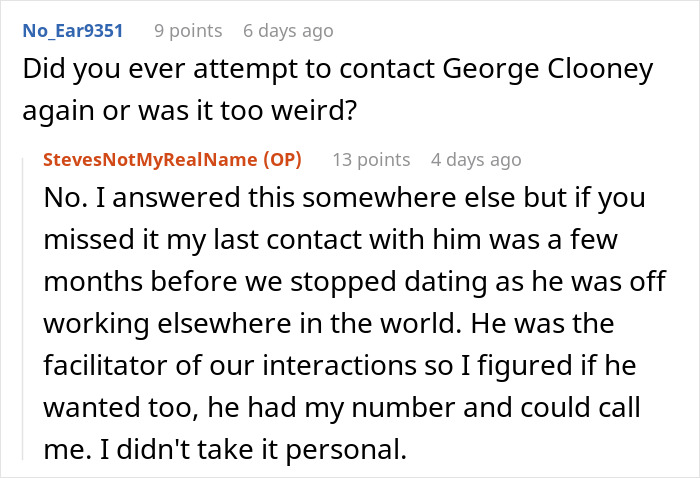 Screenshot of an online conversation revealing experiences dating a famous actress and interactions with a mutual contact.