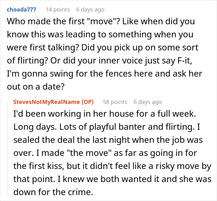 Reddit thread showing a conversation about dating a famous actress with questions about the first romantic move.
