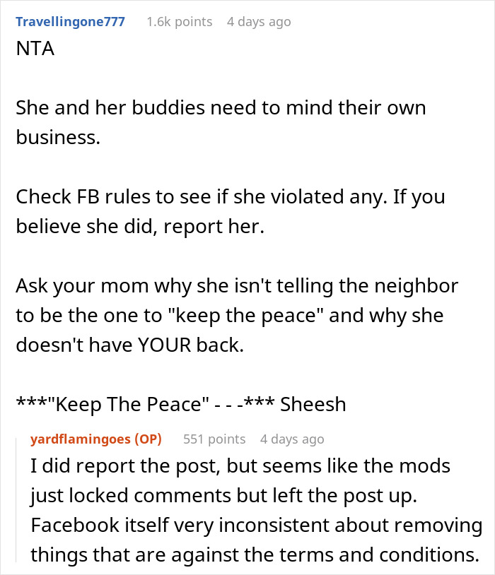 Screenshot of a Facebook conversation about a neighbor’s pink flamingos and a related campaign dispute. Screenshot of a Facebook conversation about a neighbor’s pink flamingos and a related campaign dispute.
