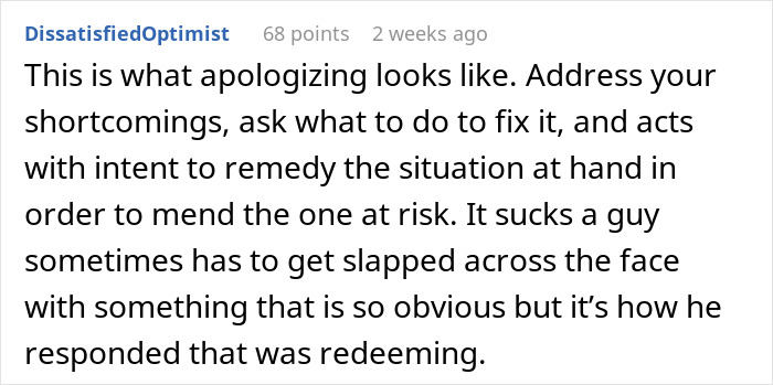 Text of a Reddit comment discussing apologizing sincerely, relating to themes of favor and humiliation involving a husband’s childhood best friend. Text of a Reddit comment discussing apologizing sincerely, relating to themes of favor and humiliation involving a husband’s childhood best friend.