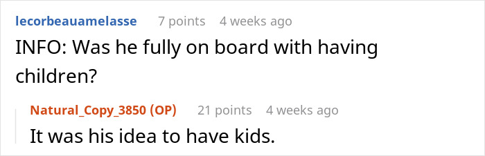 Forum discussion screenshot showing a user asking if husband supported having children and original poster confirming it was his idea. Forum discussion screenshot showing a user asking if husband supported having children and original poster confirming it was his idea.