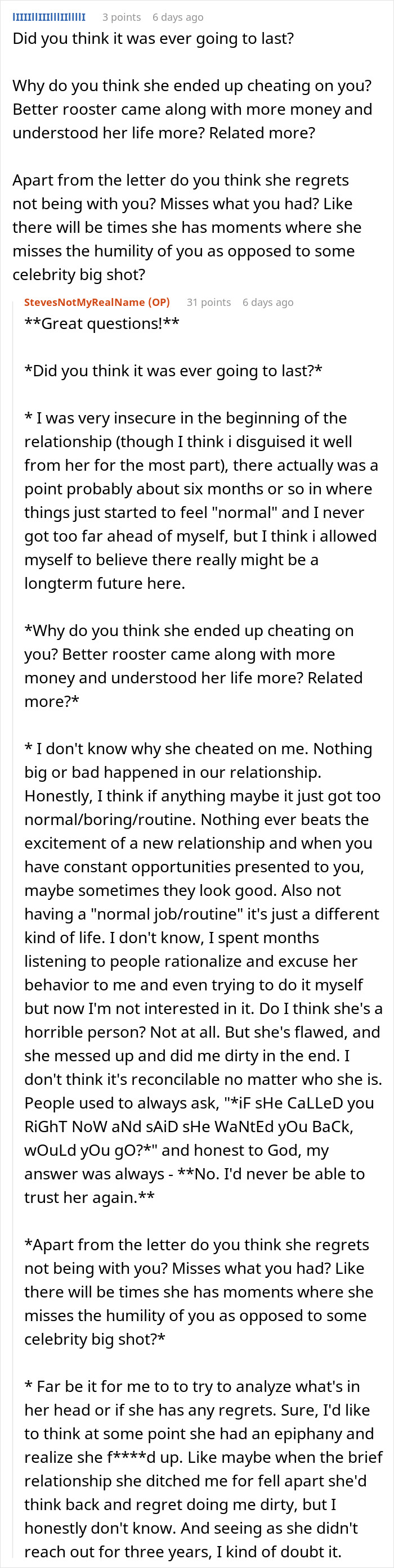 Screenshot of online forum discussion with a man sharing his experience dating a famous actress and relationship challenges.