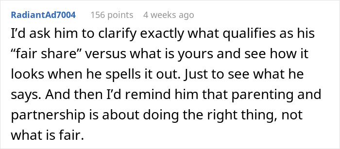 Comment discussing parenting partnership and fairness regarding helping with child care in a relationship. Comment discussing parenting partnership and fairness regarding helping with child care in a relationship.