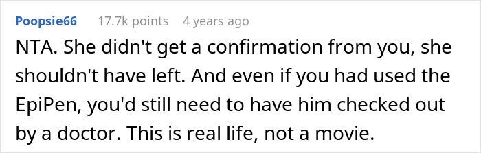 Reddit user discussing refusing to pay medical bills for roommate's son after allergic reaction in a text comment. Reddit user discussing refusing to pay medical bills for roommate's son after allergic reaction in a text comment.