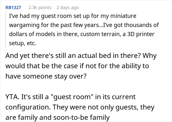 Reddit comment about a man prioritizing his miniature wargaming studio setup over family guests staying in the guest room. Reddit comment about a man prioritizing his miniature wargaming studio setup over family guests staying in the guest room.