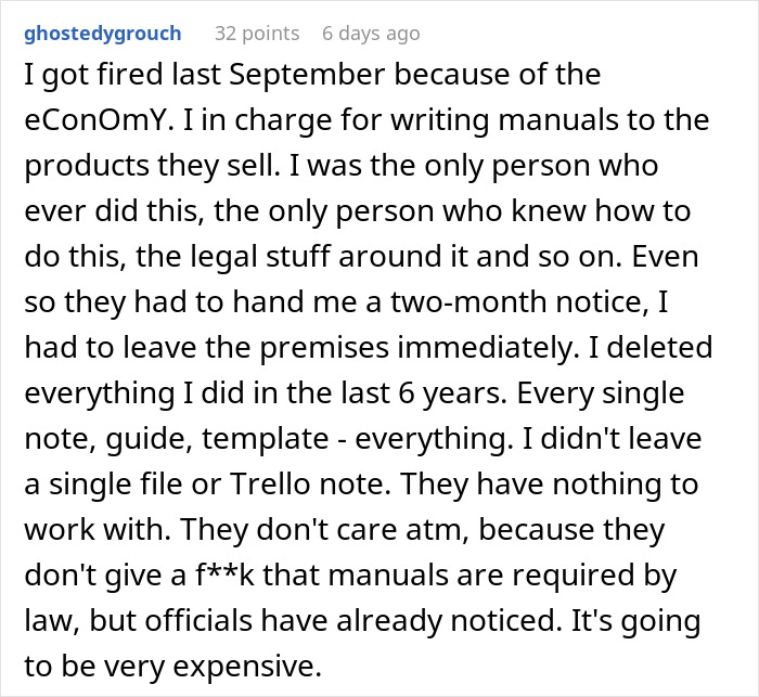 Comment from fired worker explaining project deletion and refusal to do new tasks after being told to start a new project. Comment from fired worker explaining project deletion and refusal to do new tasks after being told to start a new project.