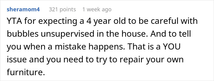 Reddit comment discussing charging a friend for her daughter ruining furniture and responsibility for repair. Reddit comment discussing charging a friend for her daughter ruining furniture and responsibility for repair.