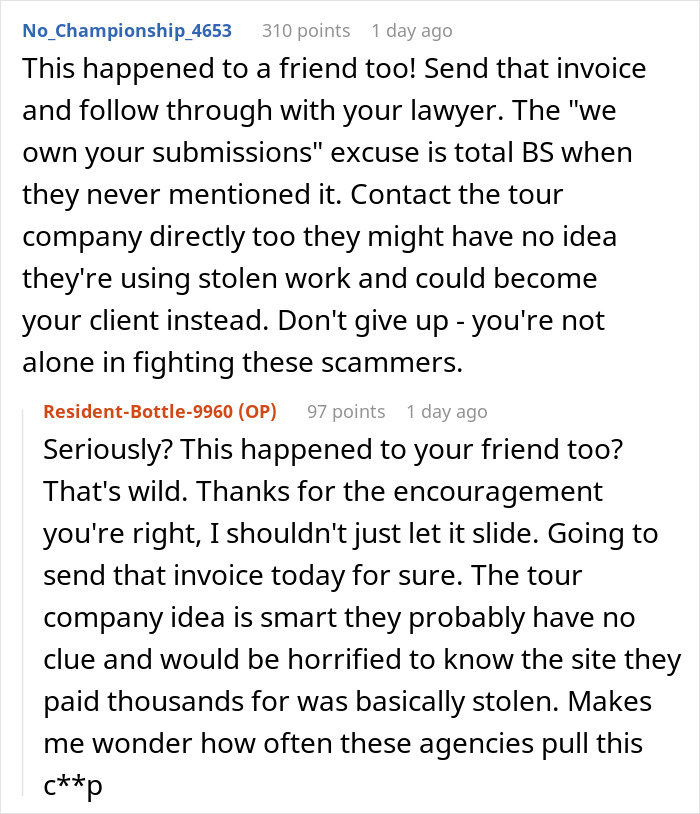 Reddit comments discussing a person realizing they got tricked during an interview task used without permission.