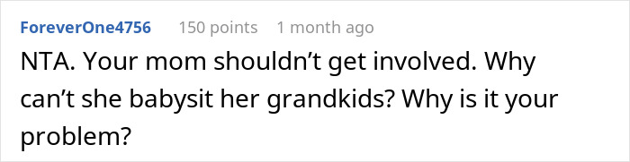 Screenshot of an online comment discussing babysitting, reflecting on family guilt and uncle’s refusal to babysit. Screenshot of an online comment discussing babysitting, reflecting on family guilt and uncle’s refusal to babysit.