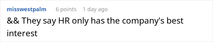 Text comment on a white background discussing HR and company interest, related to employee bullying and workplace conflict. Text comment on a white background discussing HR and company interest, related to employee bullying and workplace conflict.
