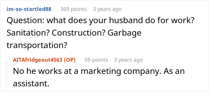 User asks about husband's job in sanitation or construction, OP replies he works as a marketing assistant in a company. User asks about husband's job in sanitation or construction, OP replies he works as a marketing assistant in a company.