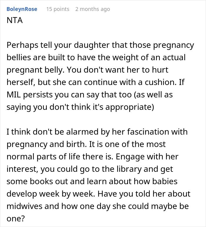 Mom upset over MIL’s unusual gift to pregnancy-obsessed 6-year-old, discussing pregnancy belly cushions and child interest guidance. Mom upset over MIL’s unusual gift to pregnancy-obsessed 6-year-old, discussing pregnancy belly cushions and child interest guidance.