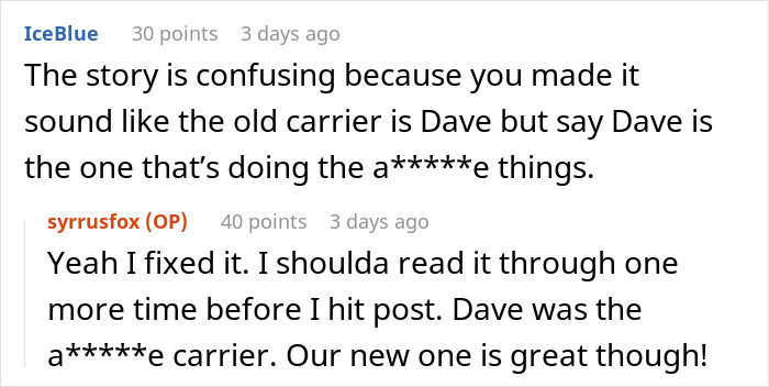 Screenshot of an online forum discussion about a mailman dumping bottles of pee in gardens and a kid’s smelly, sticky revenge.