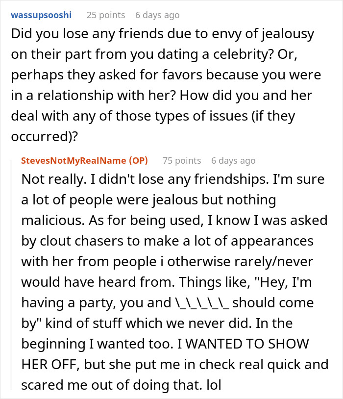 Reddit Q&A discussing experiences and challenges of dating a famous actress, including jealousy and social pressures.