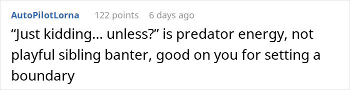 Commenter discussing woman making below-the-belt remarks about sister’s fiancé, leading to a wedding ban.