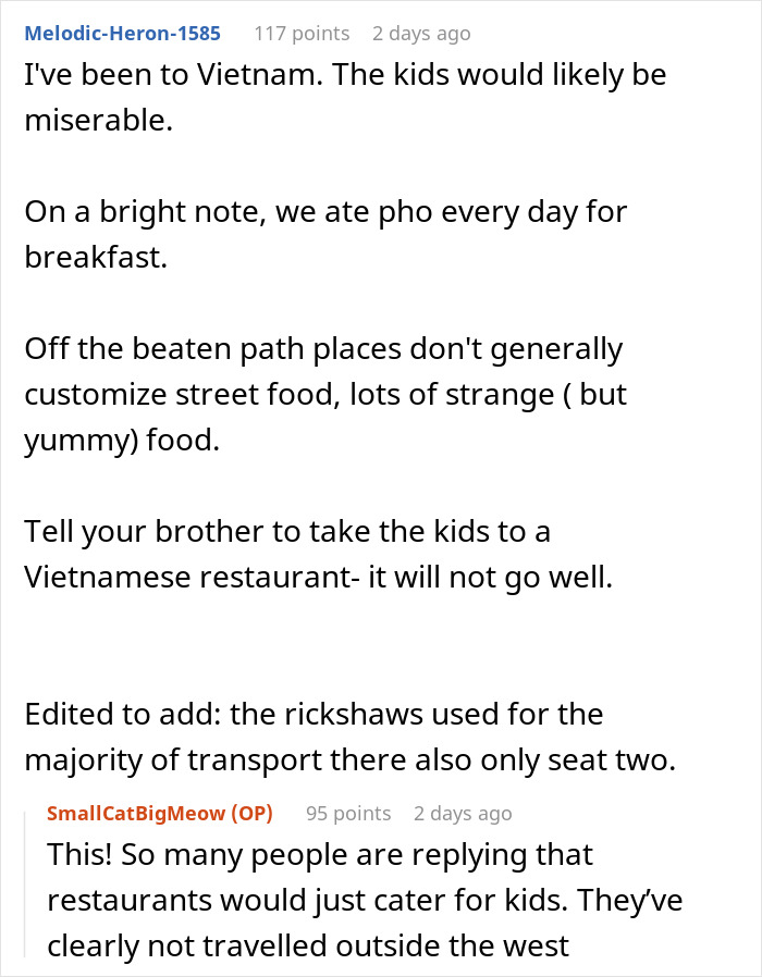 Man plans life-changing trip after cancer battle but reconsiders due to brother’s picky kids affecting travel plans. Man plans life-changing trip after cancer battle but reconsiders due to brother’s picky kids affecting travel plans.