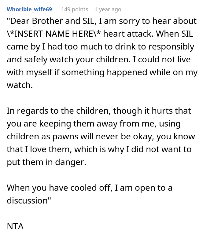 Comment from user expressing regret over refusing to watch kids during emergency while under the influence, causing sister's anger. Comment from user expressing regret over refusing to watch kids during emergency while under the influence, causing sister's anger.