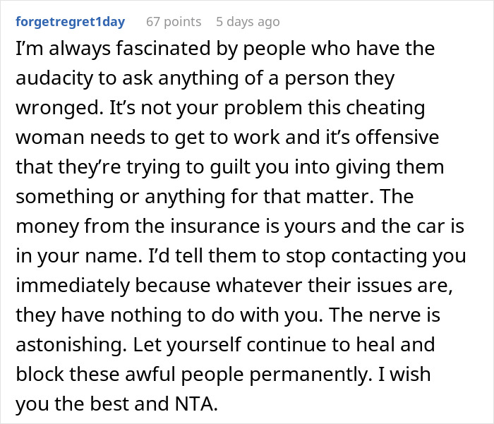 Screenshot of a forum comment discussing a woman refusing to give up a life insurance policy and a car refinance request. Screenshot of a forum comment discussing a woman refusing to give up a life insurance policy and a car refinance request.