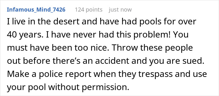 Comment warning about neighbors sending their relatives to use the pool without consent and advising legal action. Comment warning about neighbors sending their relatives to use the pool without consent and advising legal action.