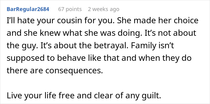Comment discussing cousin betrayal involving an affair and family opinions on forgiveness and moving past it.