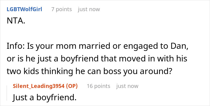 Reddit conversation about mom’s new boyfriend’s kids wrecking teen’s room and causing conflict at home. Reddit conversation about mom’s new boyfriend’s kids wrecking teen’s room and causing conflict at home.