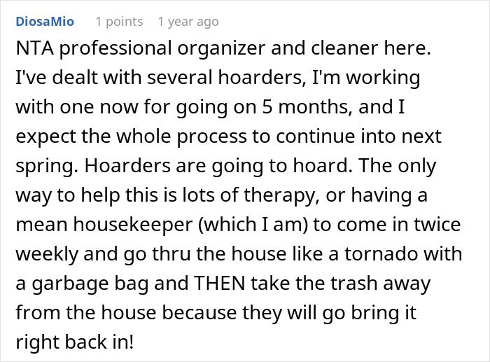 Comment about a professional organizer and cleaner discussing hoarders and the challenges of cleaning neglected homes.