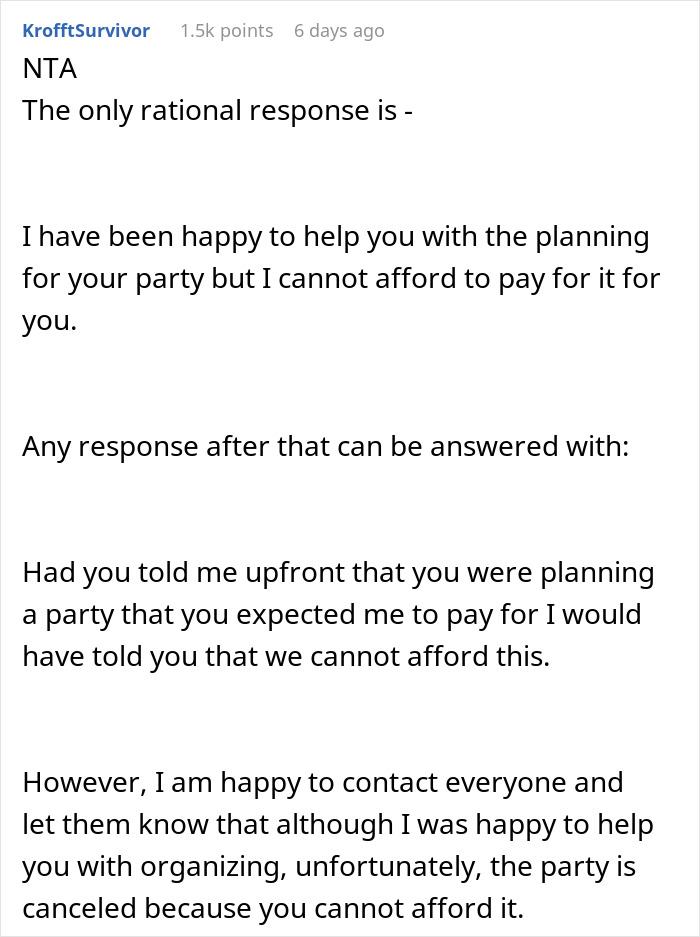 Text excerpt discussing mother-in-law expecting daughter-in-law to pay for an expensive birthday party for eight people. Text excerpt discussing mother-in-law expecting daughter-in-law to pay for an expensive birthday party for eight people.