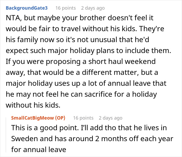 Reddit discussion about man planning life-changing trip after cancer battle, conflicts with brother’s picky kids attending. Reddit discussion about man planning life-changing trip after cancer battle, conflicts with brother’s picky kids attending.
