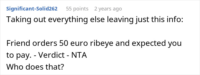 Screenshot of a Reddit comment discussing a friend laughing off a vegan’s warning about paying only for his food.