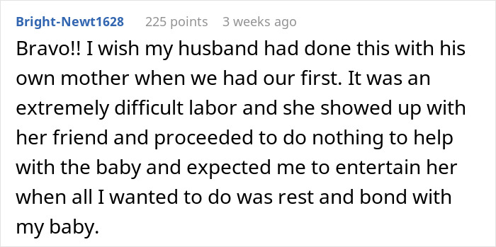 Comment on a parenting forum about a difficult experience with a mother-in-law annoying a new mom after childbirth. Comment on a parenting forum about a difficult experience with a mother-in-law annoying a new mom after childbirth.