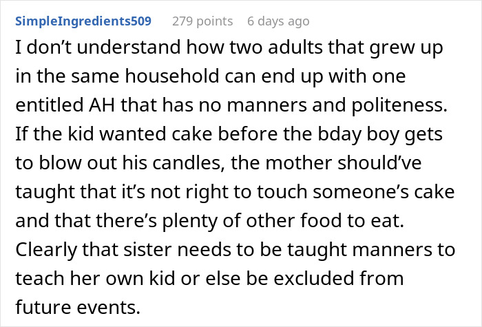 Comment discussing lady excluding nephew from son's birthday over past behavior, mentioning calls of fatphobia from sister. Comment discussing lady excluding nephew from son's birthday over past behavior, mentioning calls of fatphobia from sister.