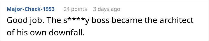 Screenshot of an online comment discussing a manager who created a hostile workplace and faced consequences.