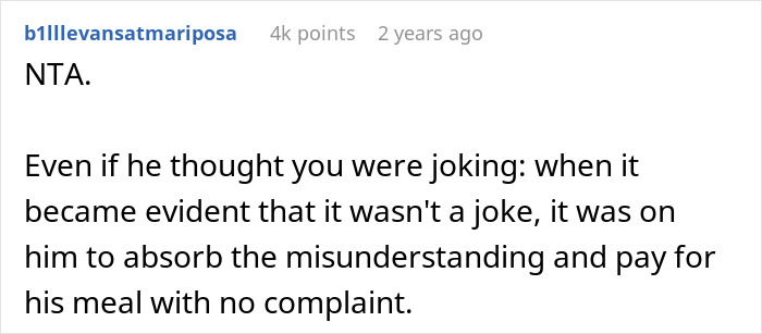 Reddit comment explaining responsibility to pay for food when a friend laughs off vegan’s warning about paying only for his meal.