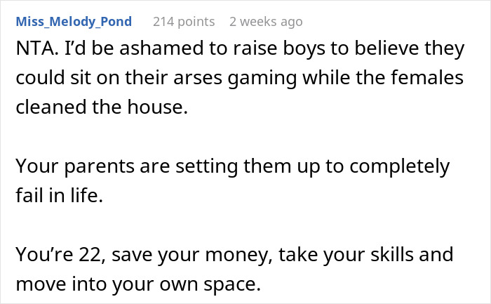 Reddit comment discussing sexist parents and a woman boycotting chores until her brothers help clean the house.