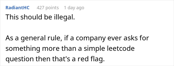User comment expressing frustration about interview tasks beyond simple coding questions being a red flag during interviews.