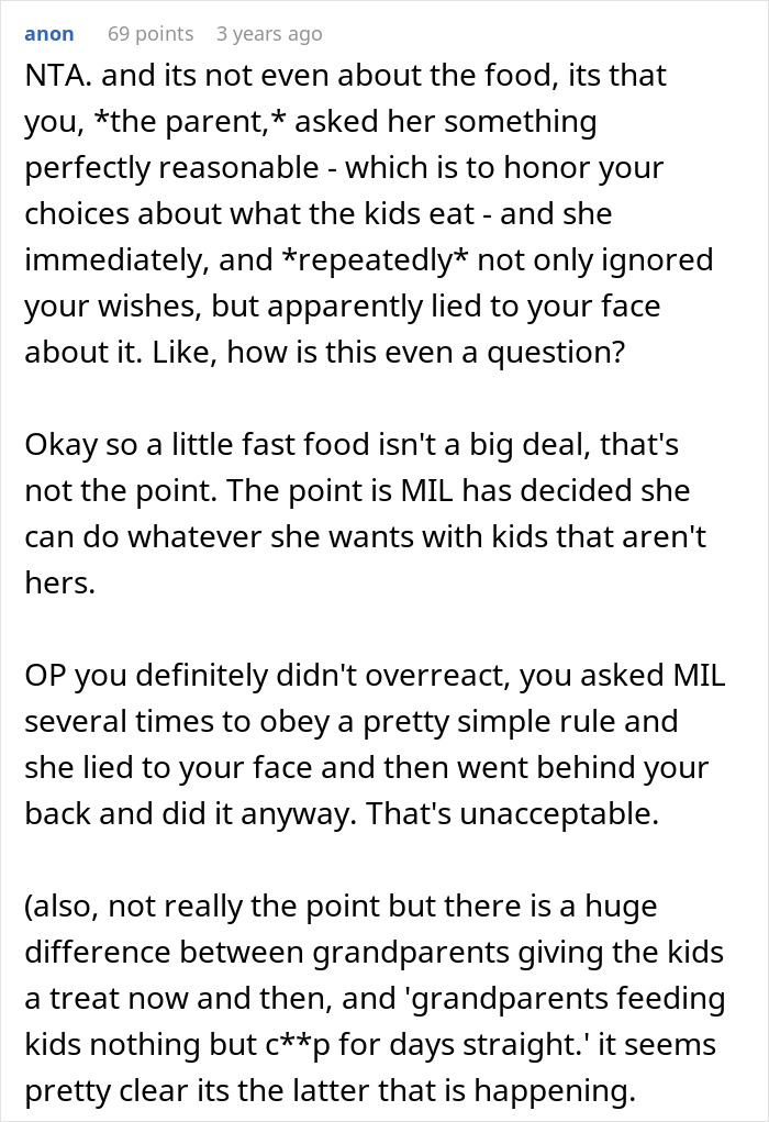 Comment discussing mom refusing to leave kids with MIL after repeated fast food feeding against parental wishes. Comment discussing mom refusing to leave kids with MIL after repeated fast food feeding against parental wishes.