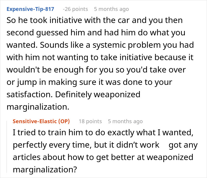 Screenshot of a Reddit conversation discussing weaponized marginalization in a relationship involving a cross-country move. Screenshot of a Reddit conversation discussing weaponized marginalization in a relationship involving a cross-country move.