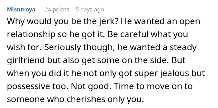Comment discussing a hypocrite guy in an open relationship who gets jealous when his girlfriend has a one-night stand. Comment discussing a hypocrite guy in an open relationship who gets jealous when his girlfriend has a one-night stand.